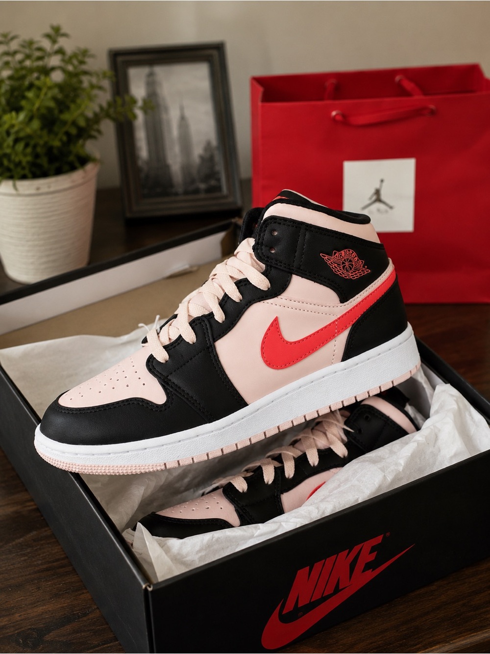 Jordan Mid-Top Sneakers in Pink, Black & Red